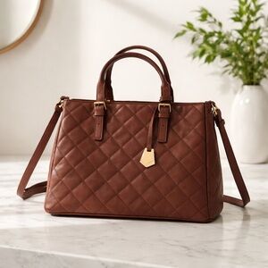 Quilted Brown Faux Leather Tote Handbag with Gold Accent